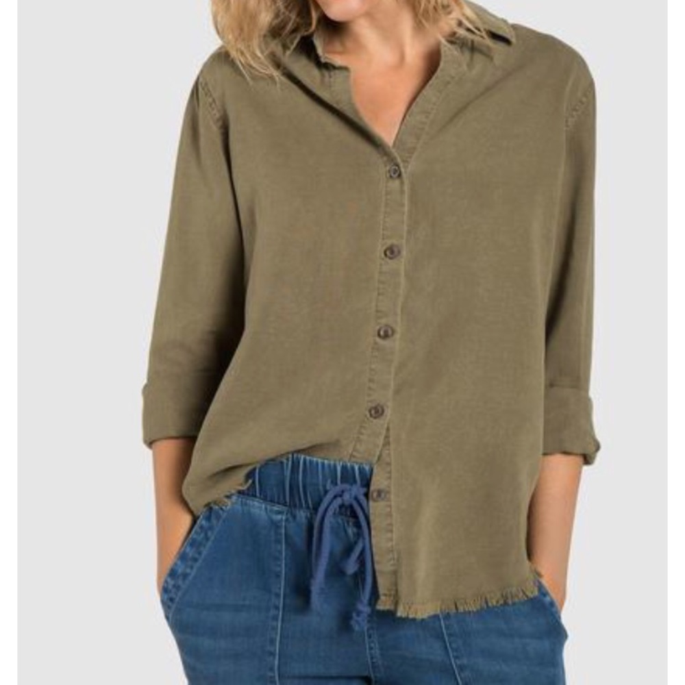 Olive distressed button down